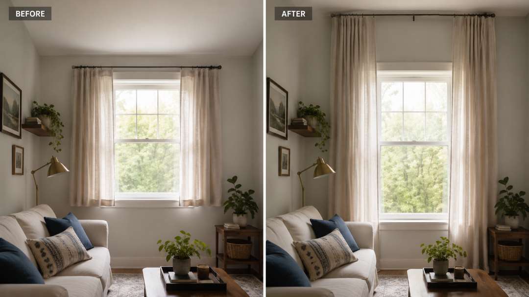 Curtains hung at ceiling height