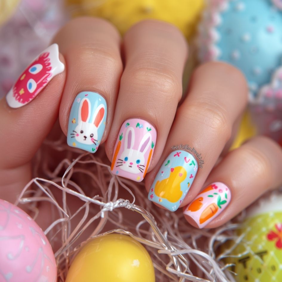 Easter Nails With Bunny and Carrots