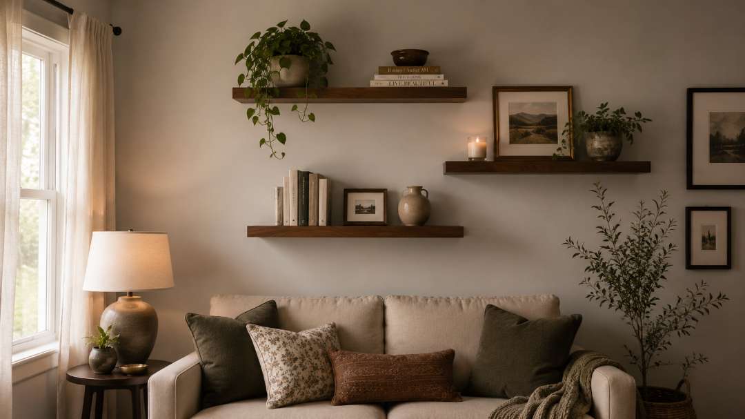 Floating shelves above sofa