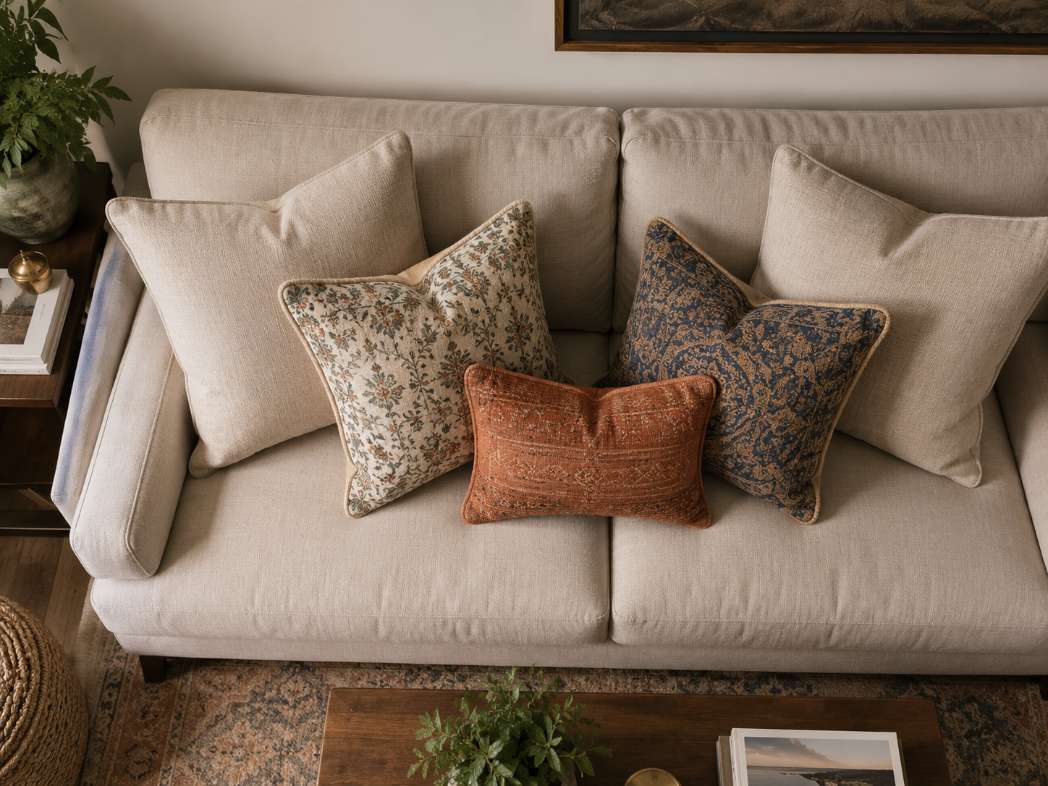 Layered throw pillows on sofa