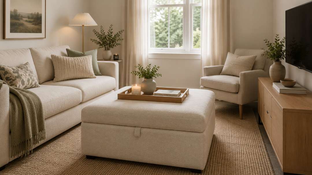 Storage ottoman as coffee table