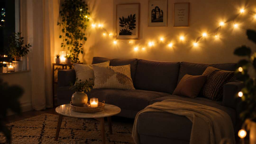 String lights above sofa