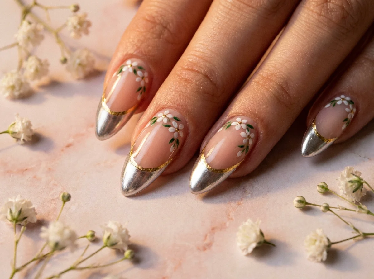 18. Chrome Tips with Nail Art Accents