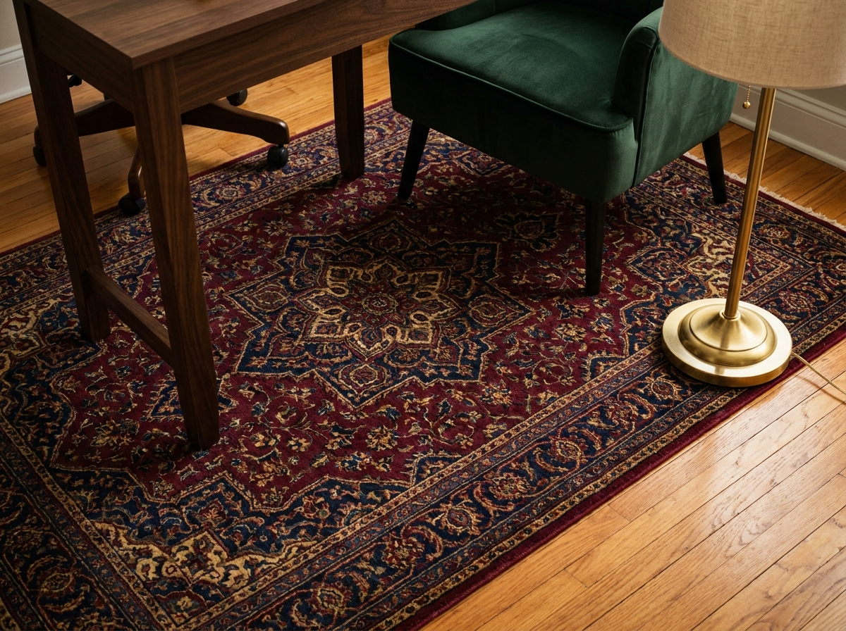 9. The Dark Persian-Style Rug — Grounding Your Study Nook Aesthetic