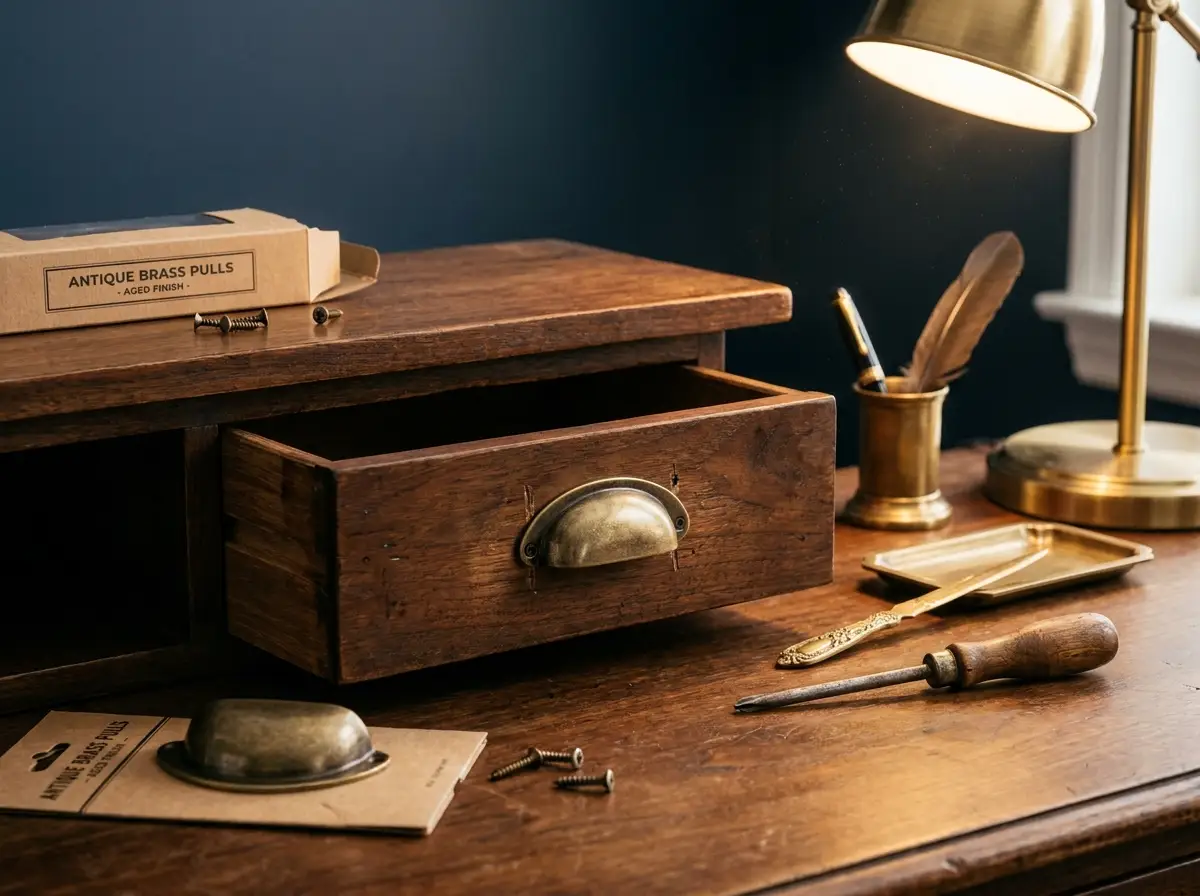 7. Brass and Antique Hardware Desk Update — Instant Vintage Vibes