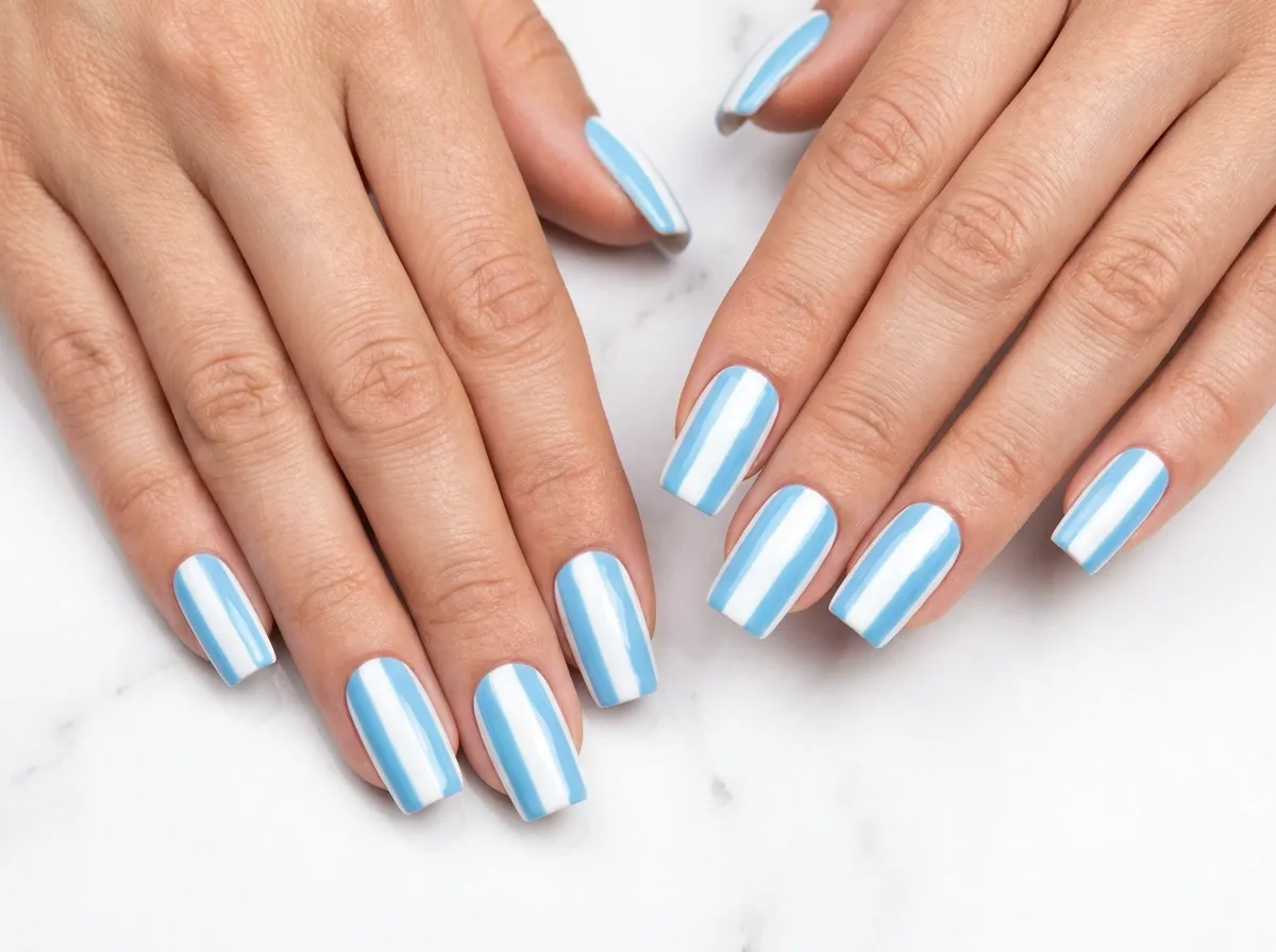 1. Classic Sky-Blue and White Stripe Nails