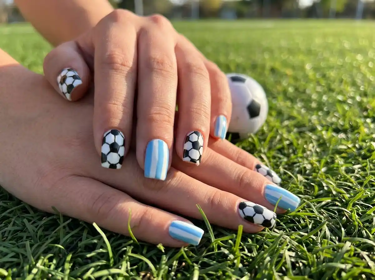 5. Soccer Ball and Stripe Combo Nails