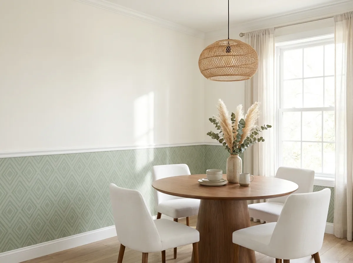 10. Half-Wall Wainscoting Effect Using Geometric Removable Wallpaper