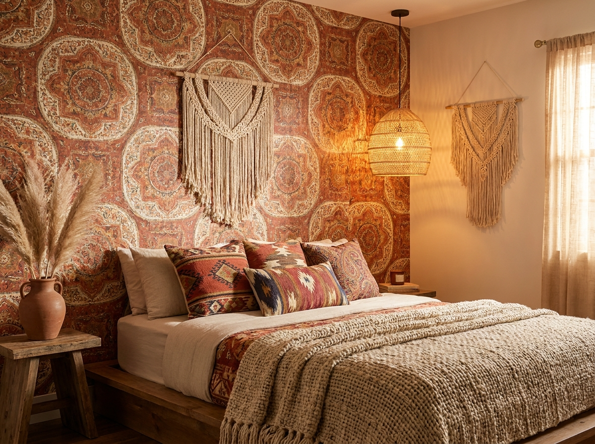 13. Boho-Inspired Rental Bedroom With Maximalist Removable Wallpaper Patterns