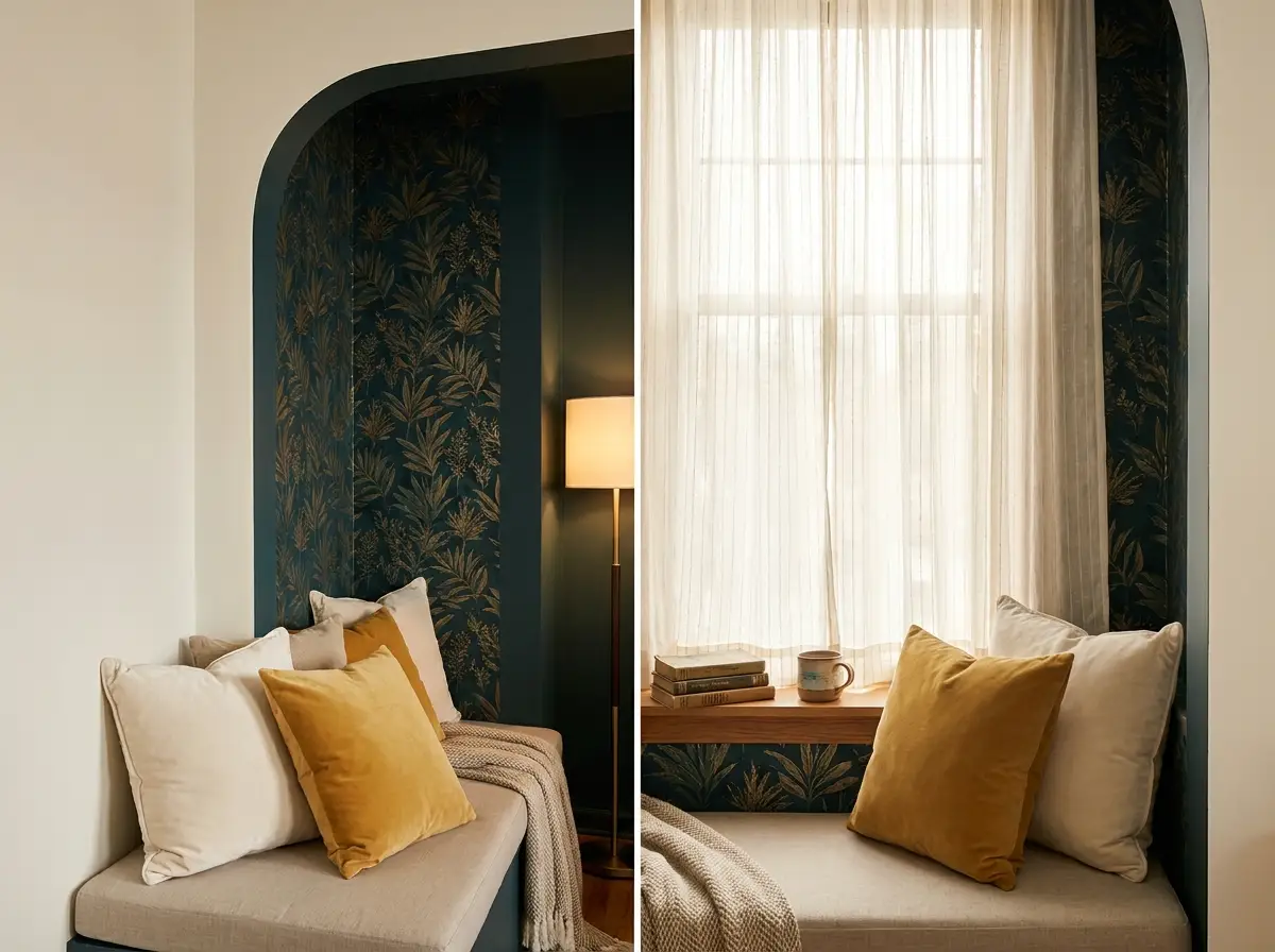 15. Window Nook or Alcove Makeover Using Removable Wallpaper for Renters