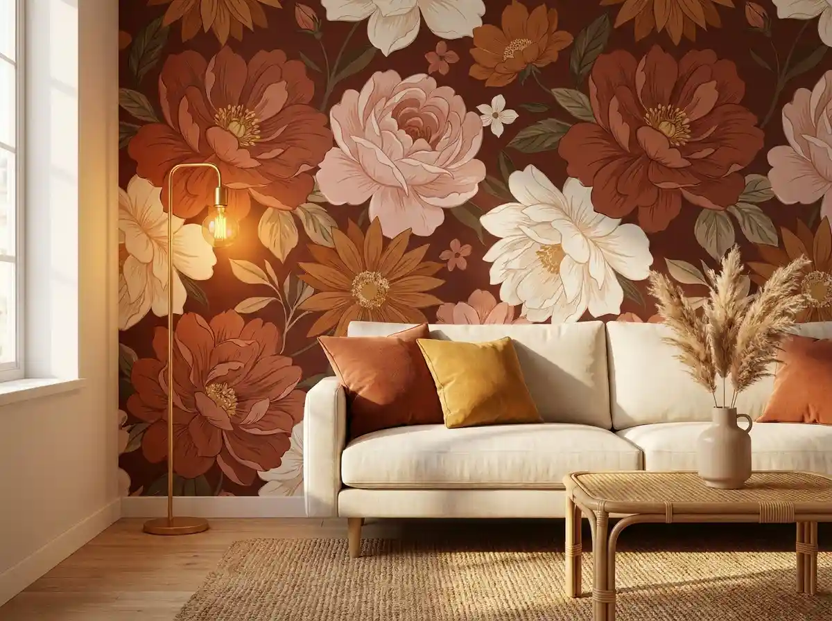 5. Living Room Statement Wall Using Large-Scale Floral Temporary Wallpaper