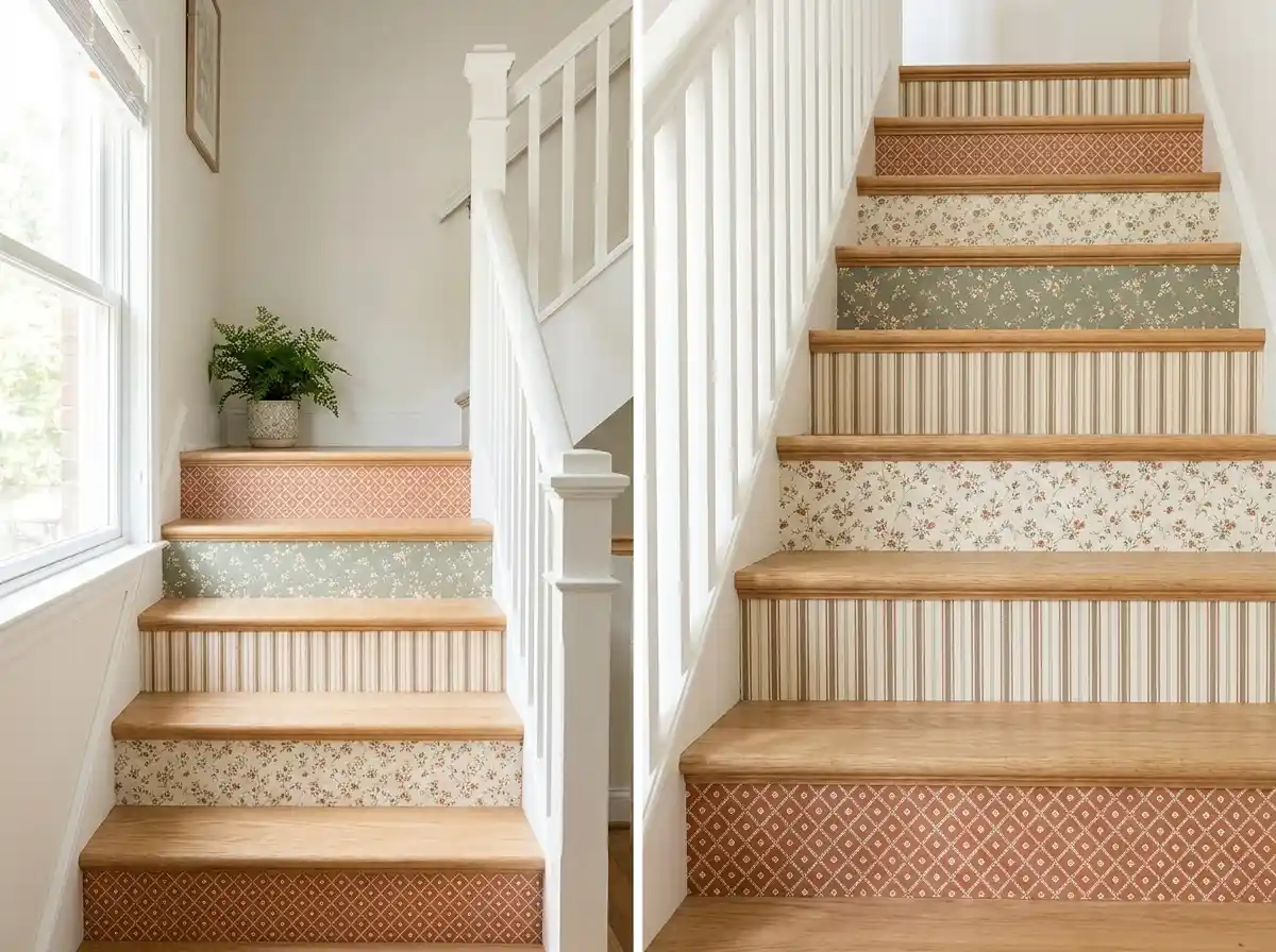 6. Staircase Riser Makeover With Patterned Temporary Wallpaper
