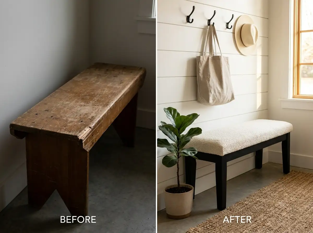 9. Bench Upholstery Flip — The Entryway Thrift Store Find That Earns Every Pin