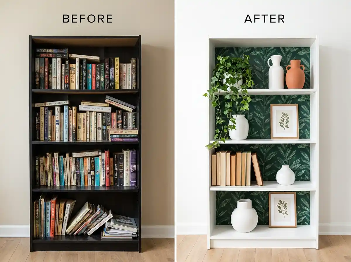 3. Laminate Bookshelf Makeover with Peel-and-Stick Wallpaper