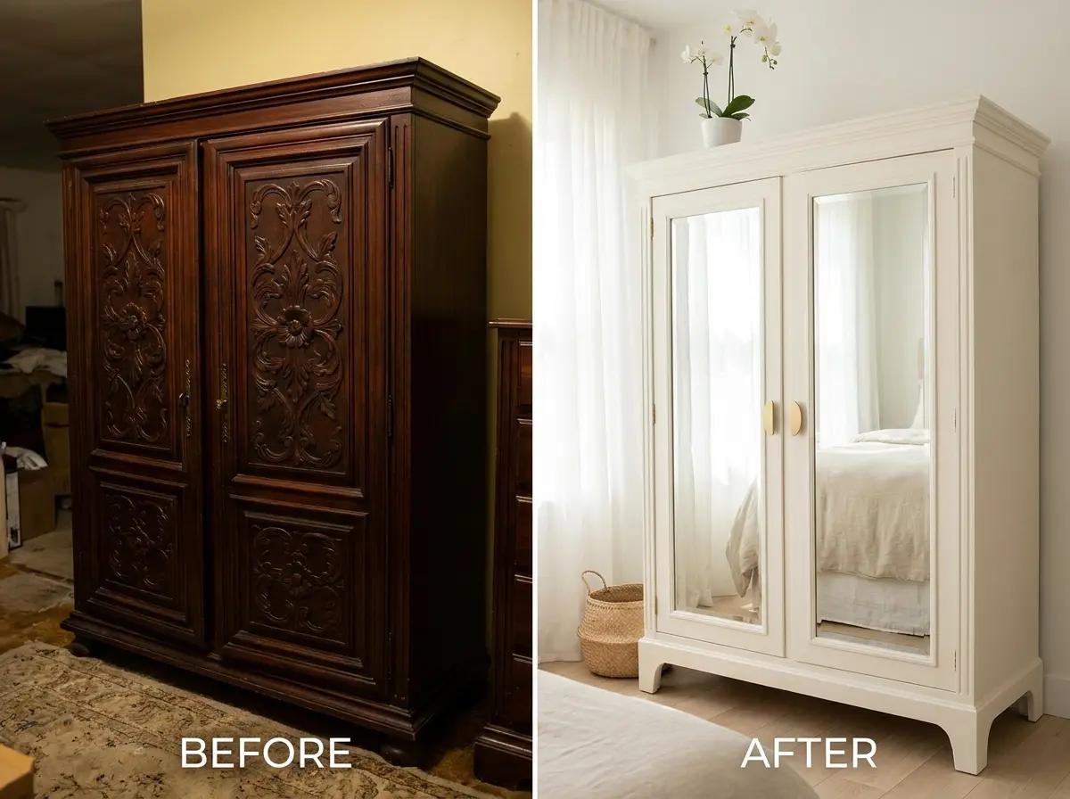 6. Old Armoire to Chic Wardrobe — One of the Boldest Thrift Store Furniture Flips